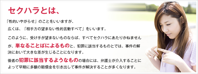 セクハラとは、「性的いやがらせ」のことをいいますが、広くは、「相手方の望まない性的言動すべて」をいいます。 
このように、受け手が望まないものならば、すべてセクハラにあたりかねませんが、単なることばによるものと、犯罪に該当するものとでは、事件の解決において大きな差が生じることになります。
後者の犯罪に該当するようなものの場合には、弁護士が介入することによって早期に多額の賠償金を引き出して事件が解決することが多くなります。