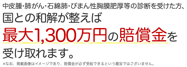 中皮腫・肺がん・石綿肺・びまん性胸膜肥厚等の診断を受けた方、国から最大1,300万円の賠償金を受け取れます。